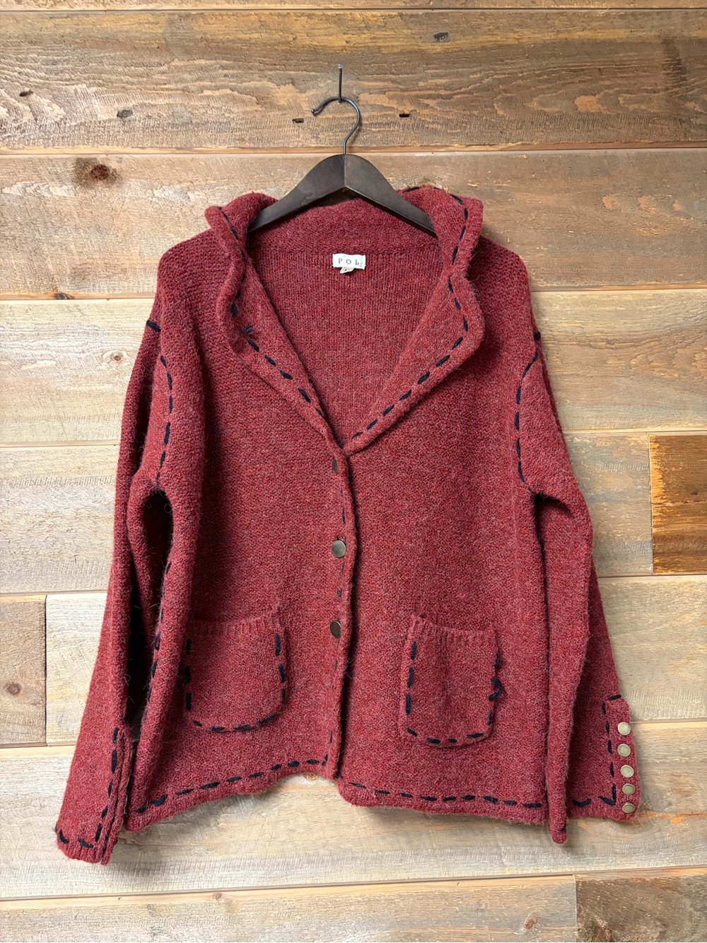 POL Wine Red Boho Button Up Cardigan Granny Sweater M Oversized